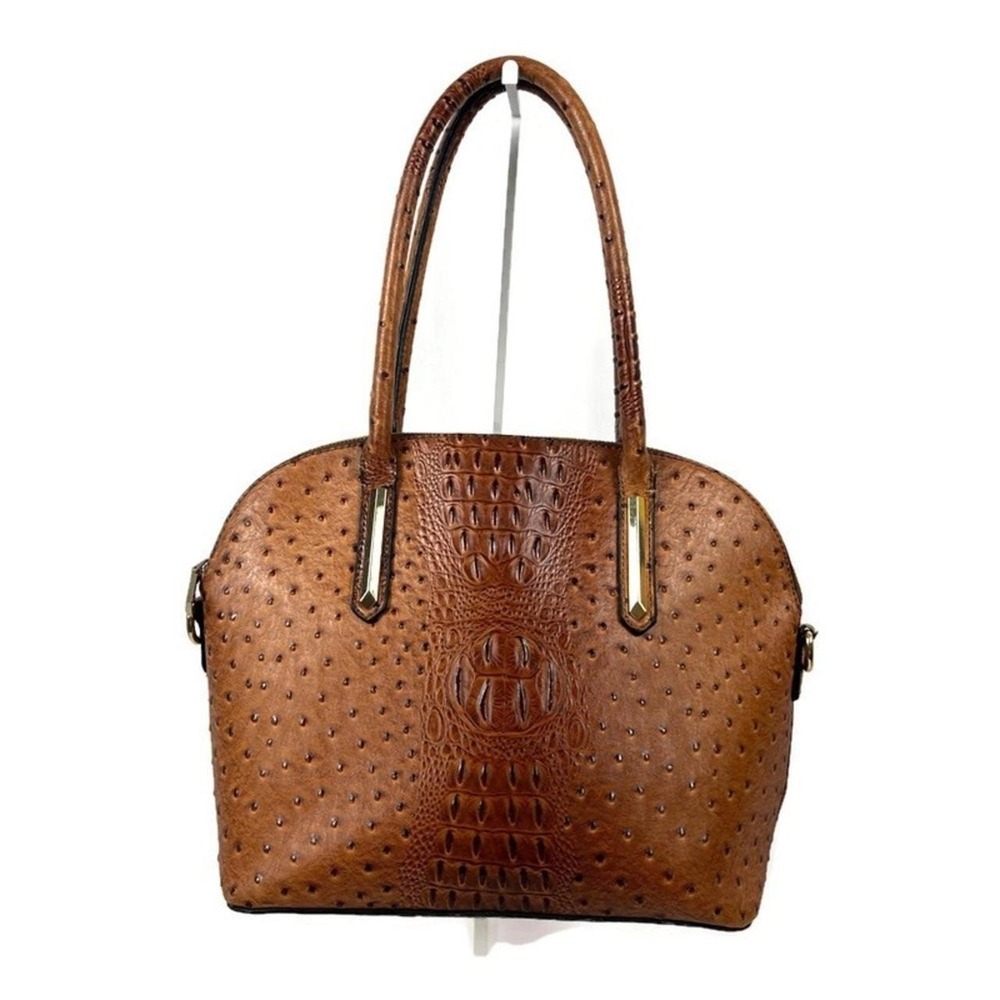 ISABELLE Vegan Urena Ostrich-like Leather Dome Sacthel Top Handle Handbag Brown
